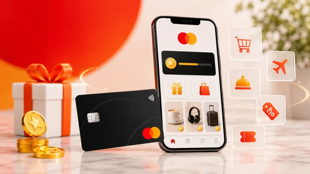 Cartão Mastercard e aplicativo de pontos representando o programa Mastercard Surpreenda