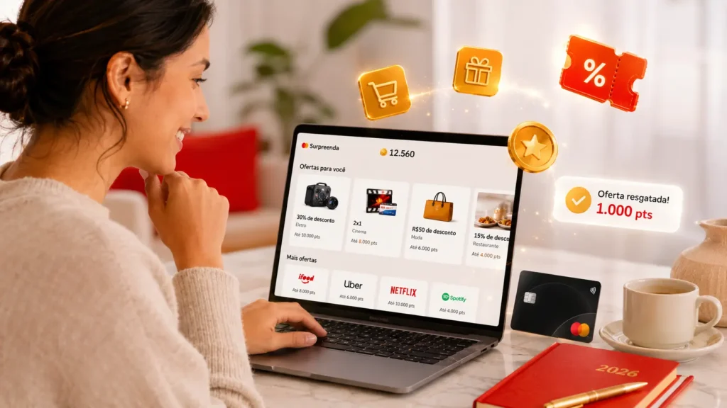 Pessoa avaliando ofertas e resgatando pontos do Mastercard Surpreenda