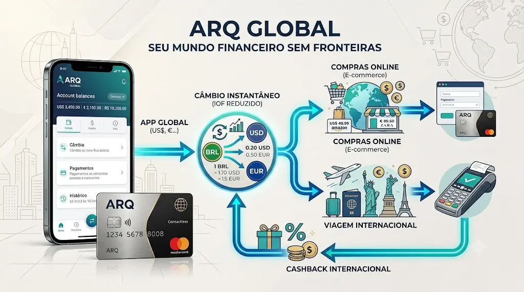 Funcionamento do cartão ARQ com conta global, câmbio e pagamentos internacionais