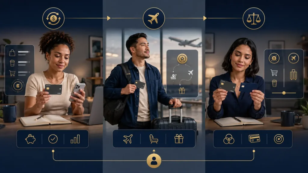 Perfis de consumidores comparando pontos, cashback e estratégia híbrida