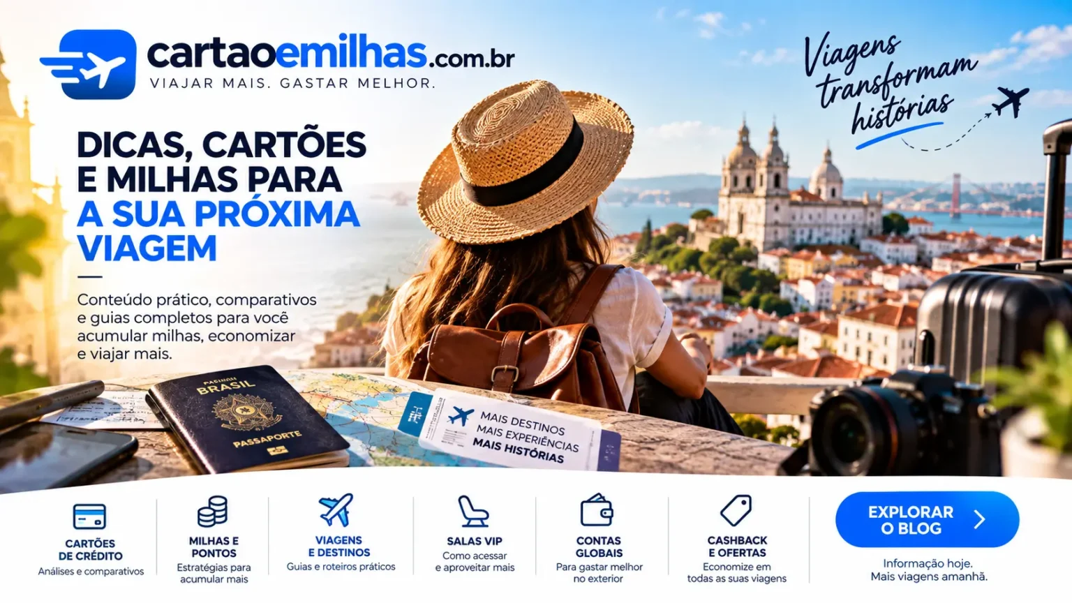 Viajante planejando uma viagem com dicas sobre cartões de crédito, milhas, pontos e destinos.