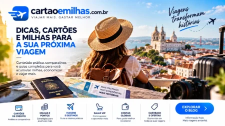 Viajante planejando uma viagem com dicas sobre cartões de crédito, milhas, pontos e destinos.