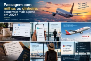 Celular exibindo comparação de passagem aérea em dinheiro e milhas, ao lado de passaporte, mapa e checklist de planejamento de viagem.