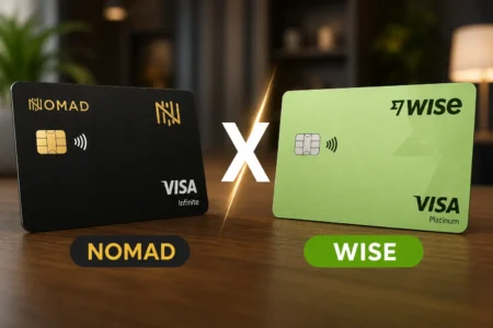 Cartões Nomad e Wise lado a lado em comparação de contas globais em 2026