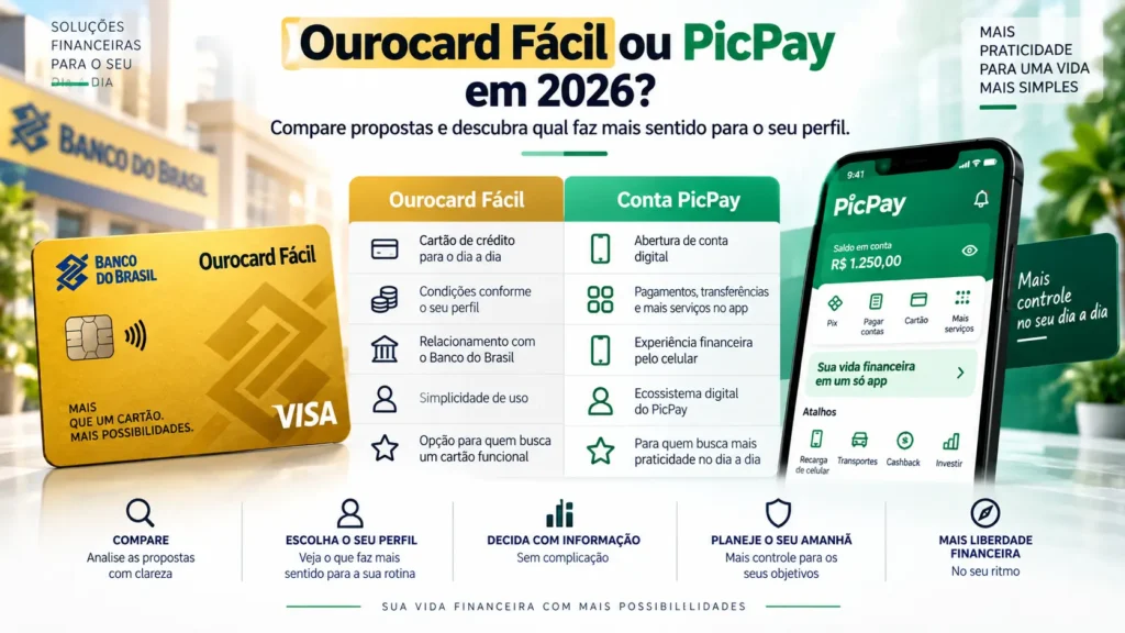 Comparação entre Ourocard Fácil e Conta PicPay em 2026, destacando cartão de crédito, conta digital e perfil de uso.
