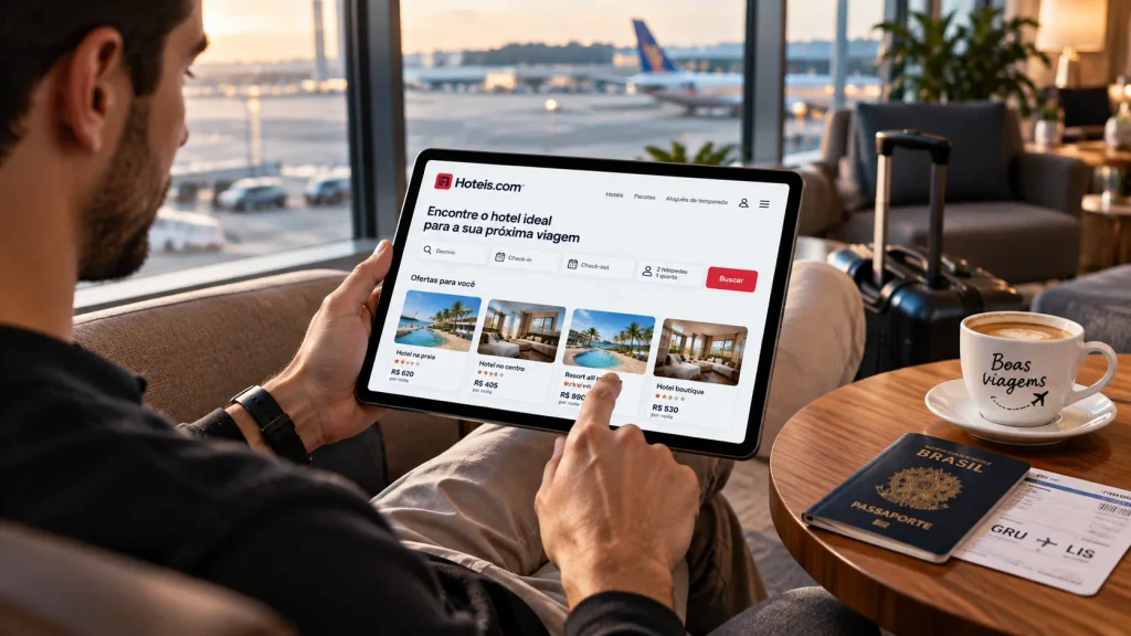 Viajante em sala VIP de aeroporto usando tablet para pesquisar pacotes de viagem com voo e hotel juntos.