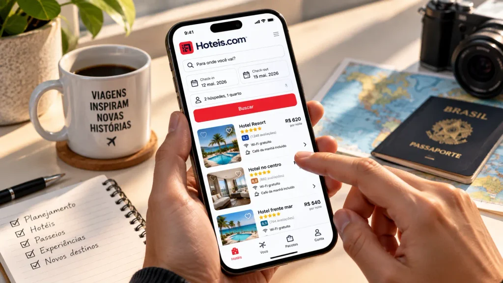 Mãos segurando smartphone com aplicativo de reserva de viagens aberto em tela de busca de hotéis.