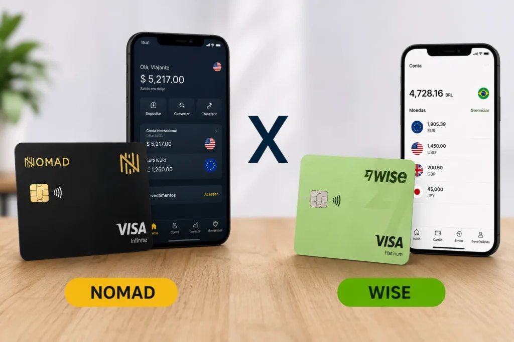 Uso de cartão internacional em viagem com comparação entre Nomad e Wise