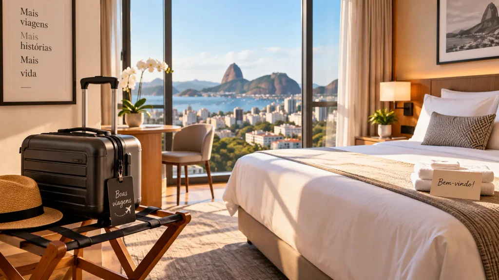 Quarto de hotel moderno e iluminado com cama arrumada e mala de bordo organizada.