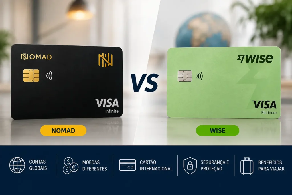 Comparação entre Wise e Nomad para escolher a conta global mais adequada ao perfil do viajante