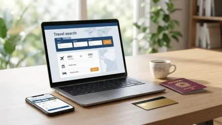 Trip.com é confiável, Notebook e celular exibindo busca de passagens e hotéis com cartão de crédito sobre a mesa.